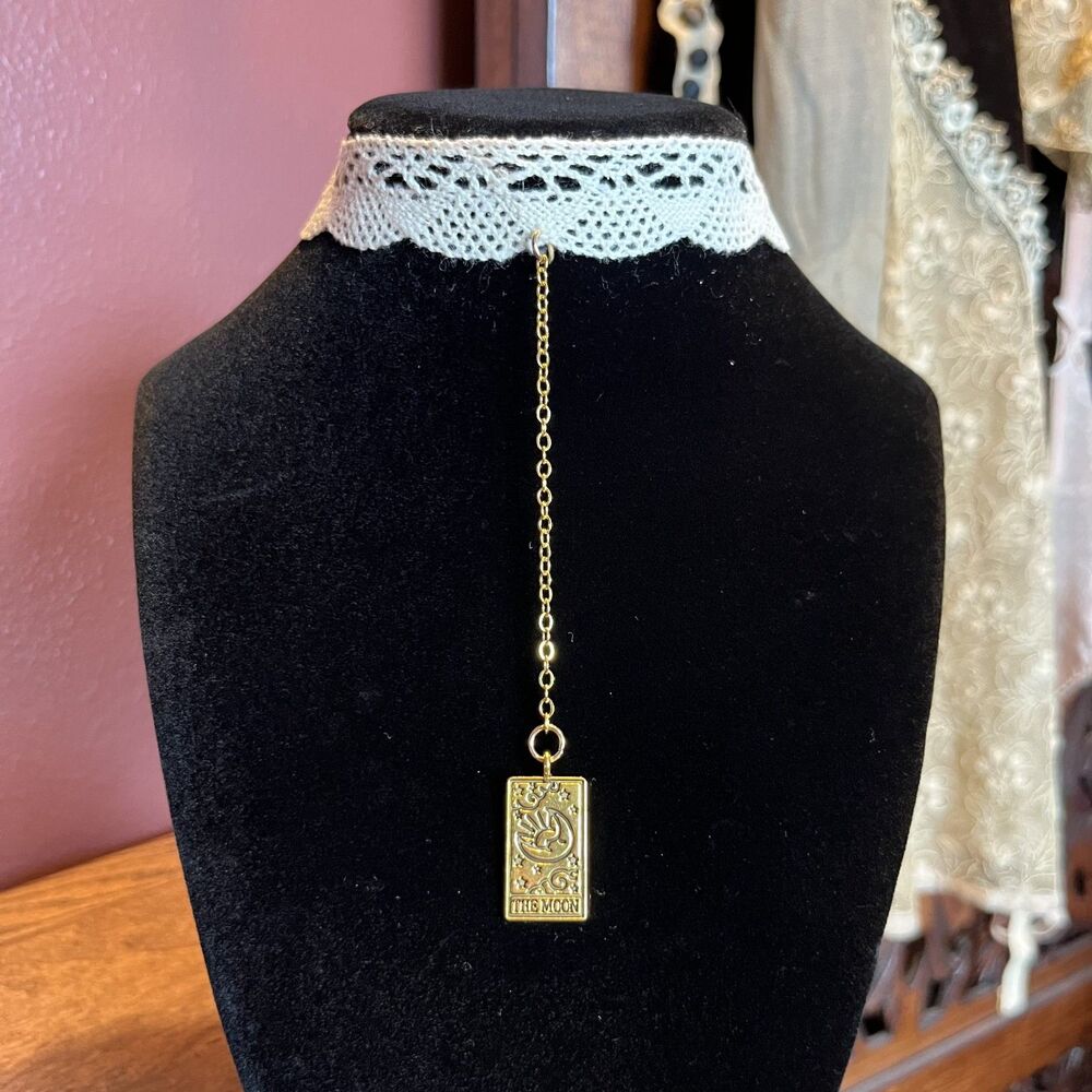 Gold Tone Tarot The Moon Drop Choker Antique-Style Lace Whimsygoth